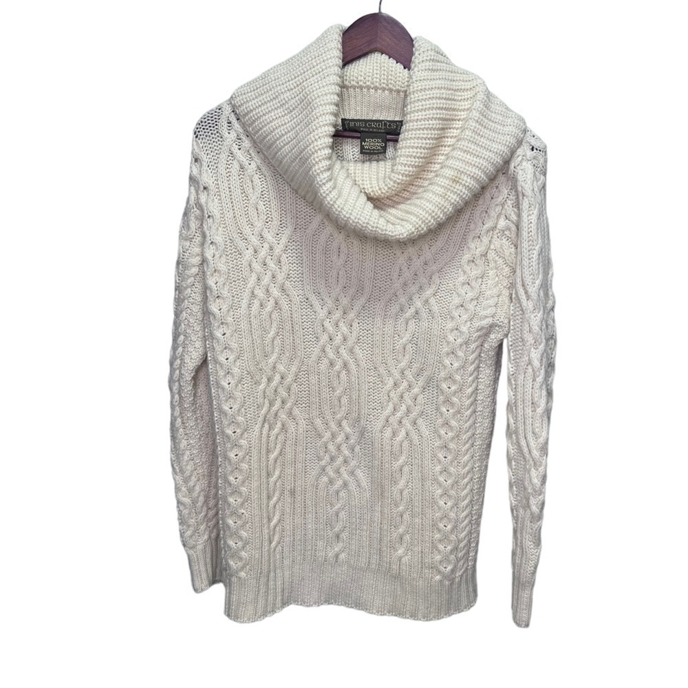 INIS Crafts Merino Wool Irish Fisherman Cream Knit Turtleneck Sweater